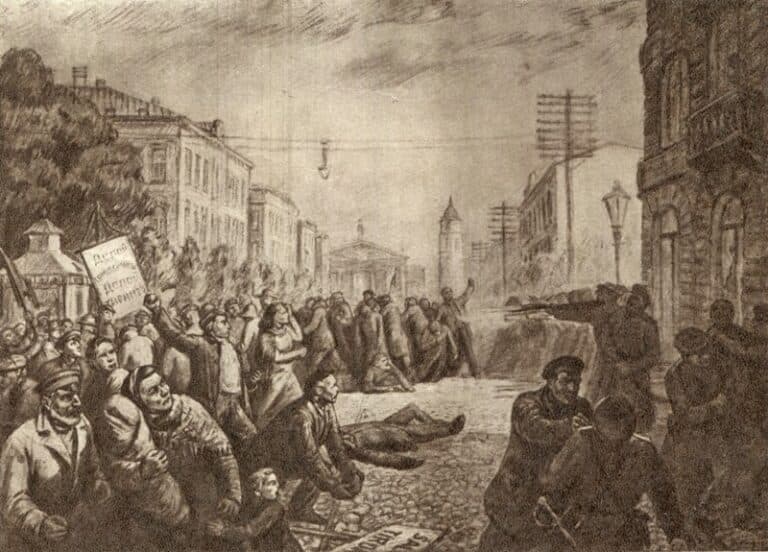 1 pav. Vilniaus darbininkų demonstracijos susidūrimas su caro kariuomene 1905 m., B. Borzino pieš., 1952 m., iš: Žemaitė gyvenime ir kūryboje. Vilnius, 1956, p. 101.