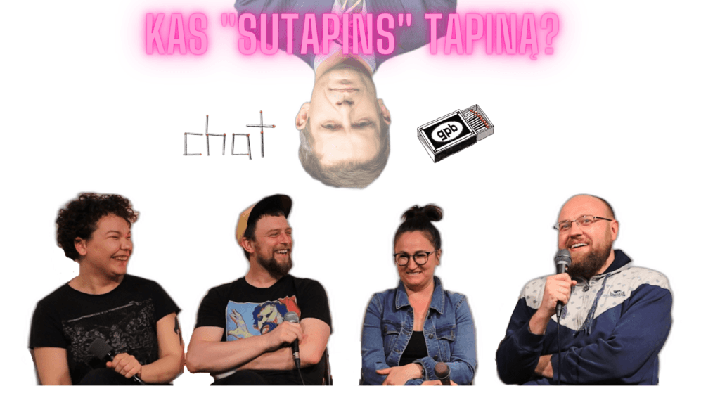 Andrius Tapinas viršuje, keturi GPB redkolegijos nariai po juo. Tekstas: "Kas "Sutapins" Tapiną?"