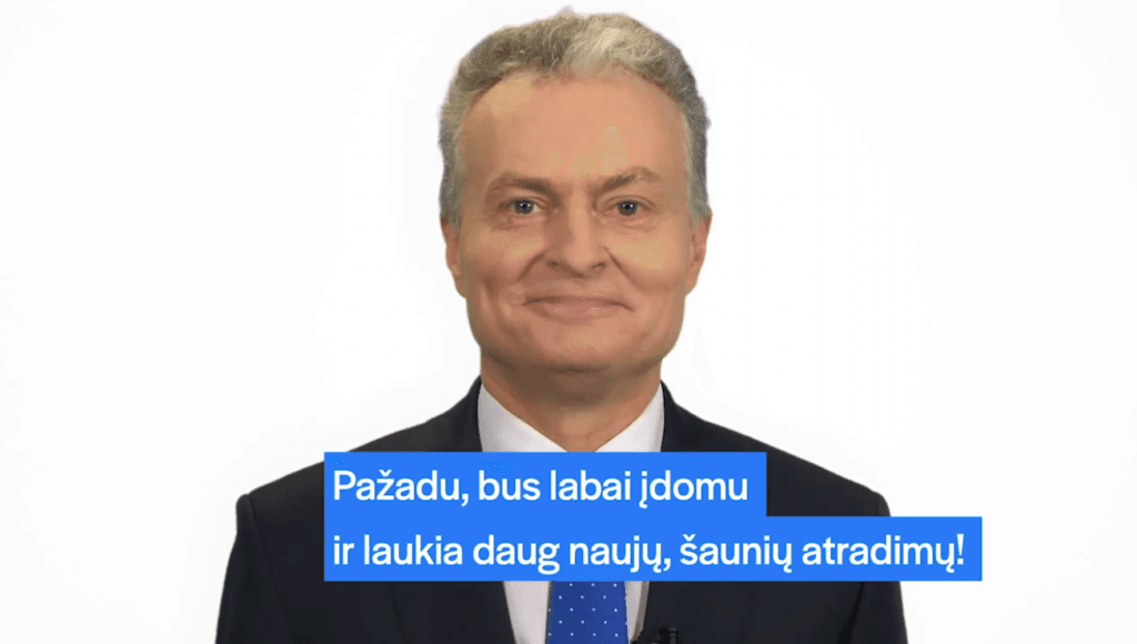 Gitano Nausėdos protretas su užrašu "Pažadu, bus labai įdomu ir laukia naujų, šaunių atradimų"