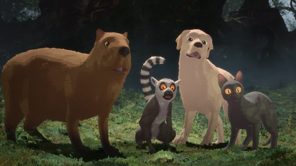 Kino filmo "Potvynis" kadras: kapibara, lemūras, Labradoro retriveris ir katė