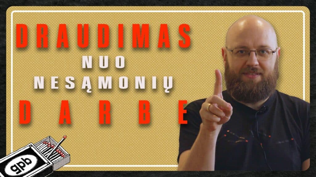 Didelės raidės „DRAUDIMAS NUO NESĄMONIŲ DARBE“ ir Tomas, iškėlęs dešinį smilių, pasakoja apie profsąjungas