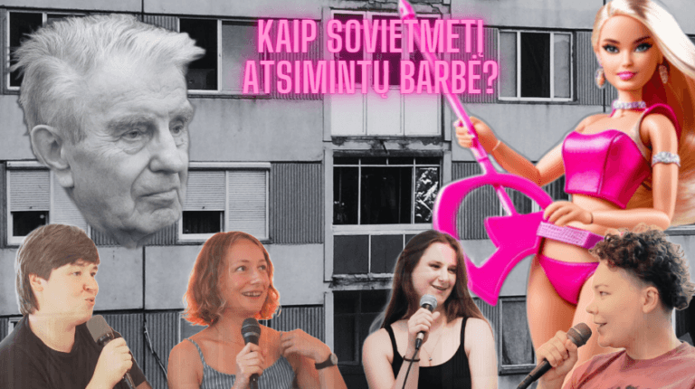 Koliažas: Justinas Marcinkevičius, daugiabutis, Barbė ir keturios pašnekovės